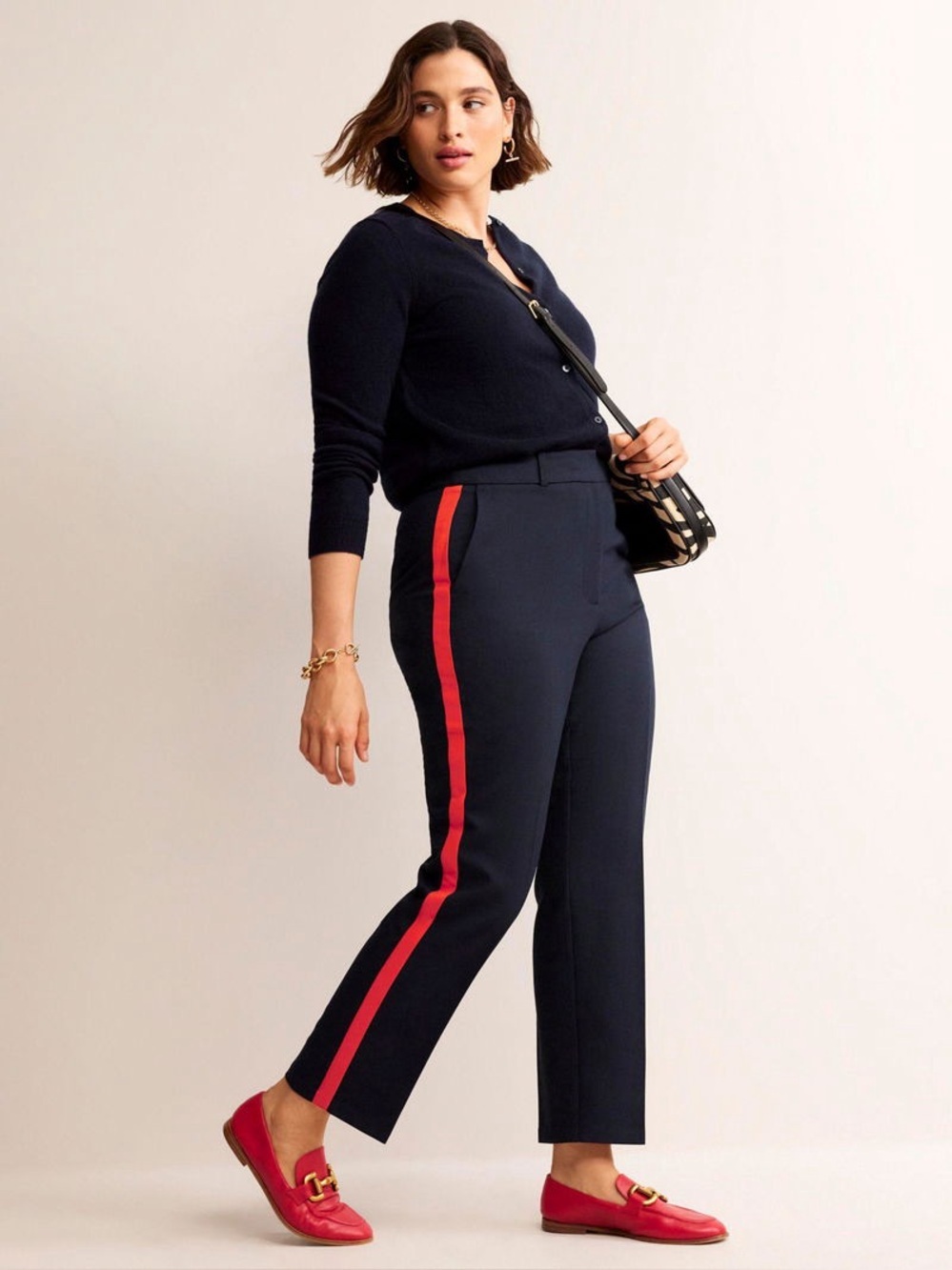 Boden navy blue Kew Side Stripe Tapered Trousers size 8L tall pants career